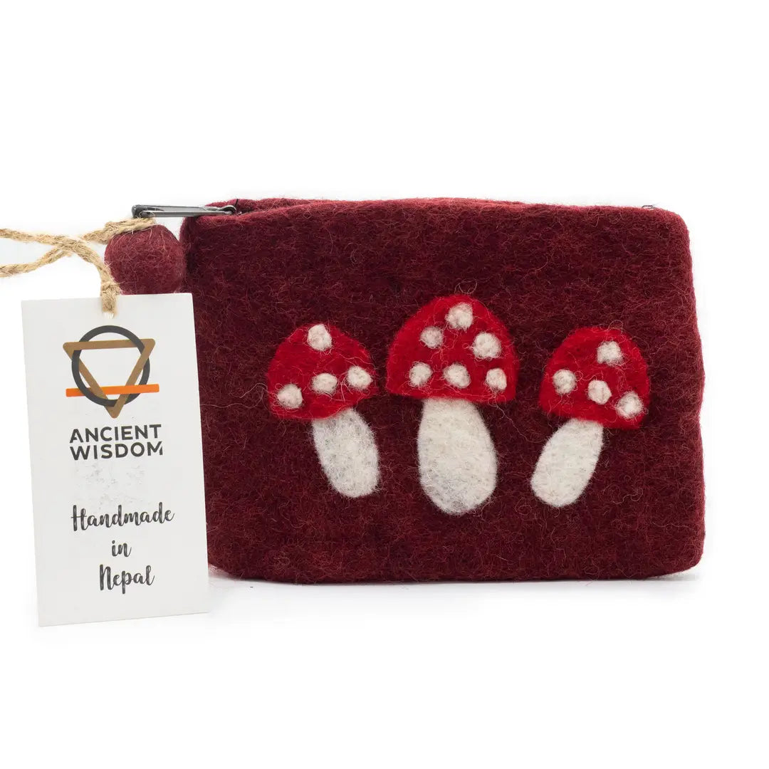 Natural Felt Zipper Pouch (Asst) - Wild Mushrooms